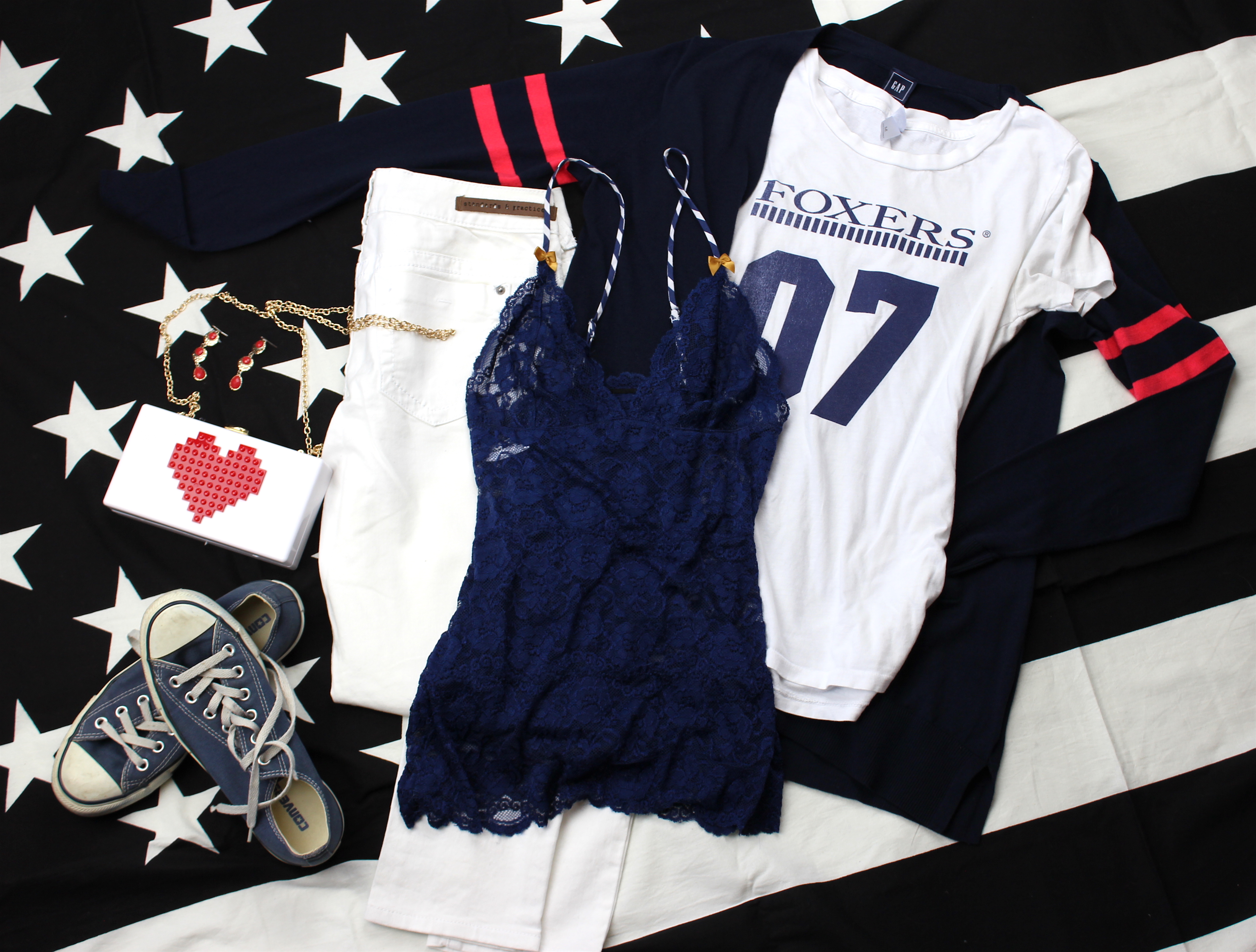 07 Foxers tee and navy lace camisole 